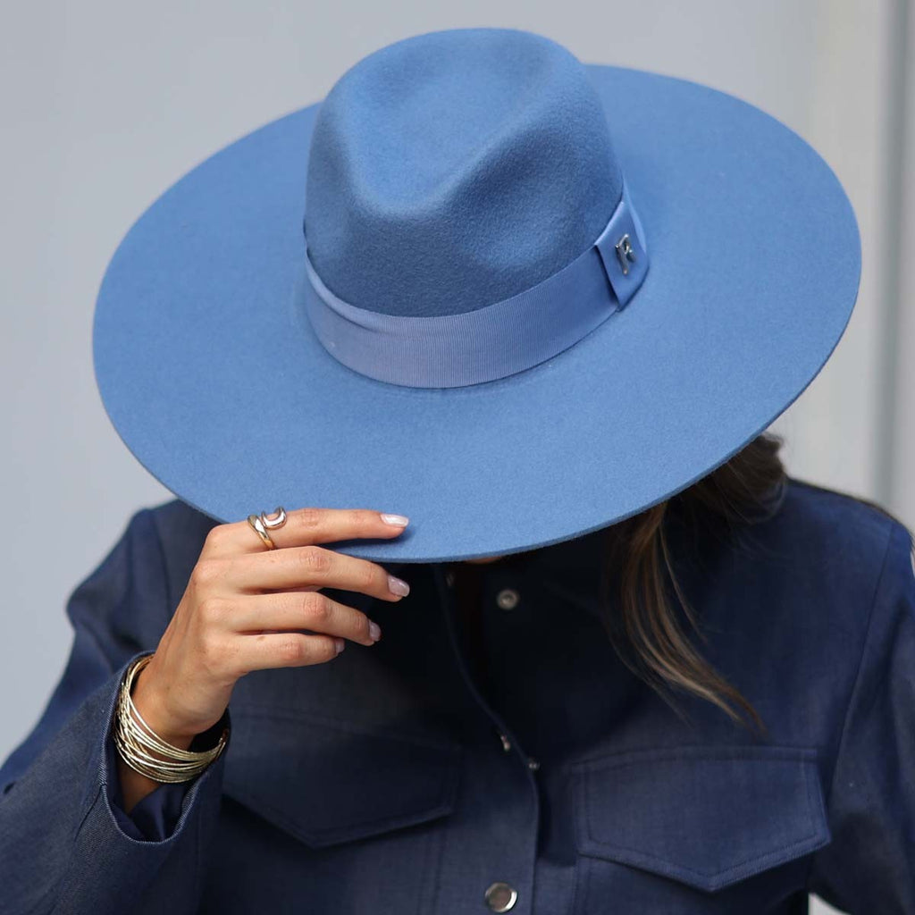 Wide Brim Fedora in 100% Electric Blue Wool Felt - Raceu Hats display picture 3