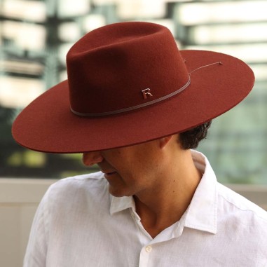 Fedora Hat in 100% Wool Felt and Terracotta Color, with Wide and Rigid Brim and Grosgrain Ribbon - Raceu Hats