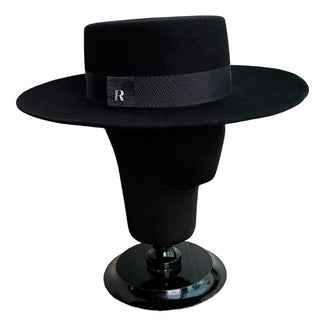 Sombrero Canotier Mujer Ala Ancha Color Negro en Fieltro de Lana - Hecho a Mano en España- Raceu Hats