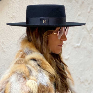 Sombrero Canotier Mujer Ala Ancha Color Negro en Fieltro de Lana - Hecho a Mano en España- Raceu Hats