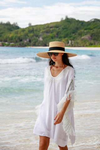 Sombrero Mujer Estilo Canotier Ala Ancha con Cinta Negra Grosgrain Raceu Hats