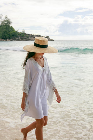 Sombrero Mujer Estilo Canotier Ala Ancha con Cinta Negra Grosgrain Raceu Hats