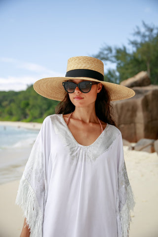 Sombrero Mujer Estilo Canotier Ala Ancha con Cinta Negra Grosgrain Raceu Hats