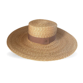 Sombrero Mujer Estilo Canotier Ala Ancha con Cinta Marrón Grosgrain Raceu Hats