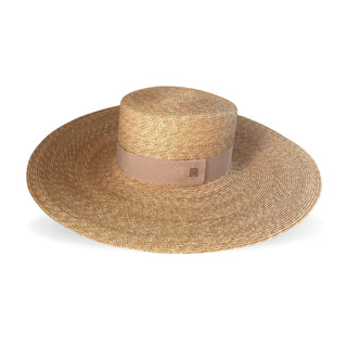 Sombrero Mujer Estilo Canotier Ala Ancha con Cinta Beige Grosgrain Raceu Hats