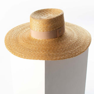 Sombrero Mujer Estilo Canotier Ala Ancha con Cinta Beige Grosgrain Raceu Hats