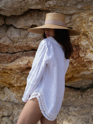 Sombrero Mujer Estilo Canotier Ala Ancha con Cinta Beige Grosgrain Raceu Hats