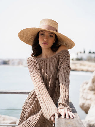 Sombrero Mujer Estilo Canotier Ala Ancha con Cinta Marrón Grosgrain Raceu Hats