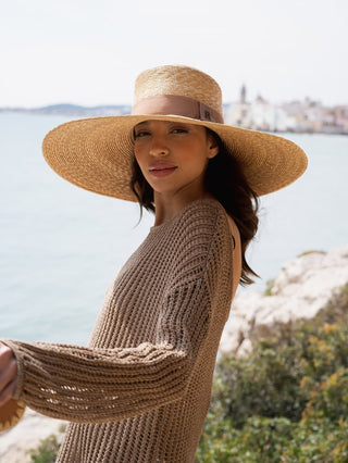 Sombrero Mujer Estilo Canotier Ala Ancha con Cinta Marrón Grosgrain Raceu Hats