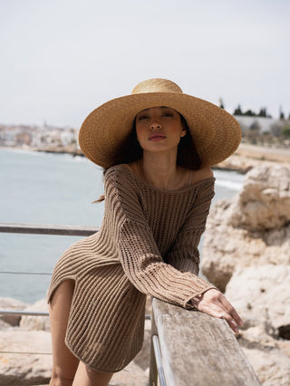 Sombrero Mujer Estilo Canotier Ala Ancha con Cinta Marrón Grosgrain Raceu Hats