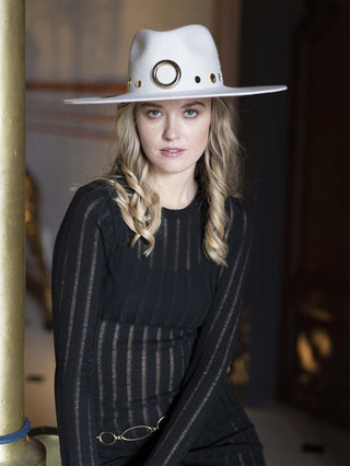 Elegante Sombrero Fedora Mujer de Ala Ancha en Fielto de Lana Color Blanco Roto - Raceu Hats