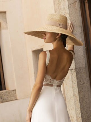 Sombrero de novia estilo Fedora de Ala Extra Ancha XXL, cosido a mano en paja de trigo y de color natural