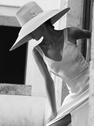 Sombrero de novia estilo Fedora de Ala Extra Ancha XXL, cosido a mano en paja de trigo y de color natural