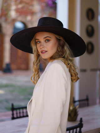 Sombrero Canotier Ala Extra Ancha Negro RIVIERE - Raceu Hats