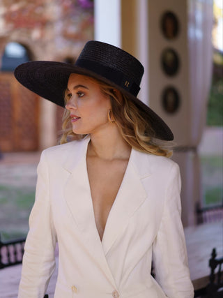 Sombrero Canotier Ala Extra Ancha Negro RIVIERE - Raceu Hats