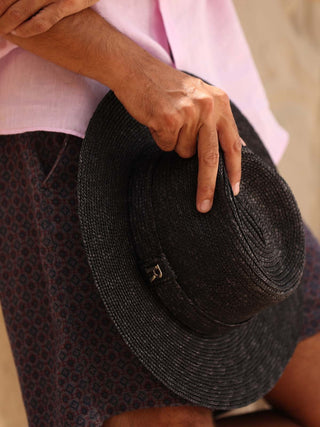 Sombrero Hombre Ala Media Paja de Trigo Negro CALYPSO - Ala de 9,5 cm y copa de 10 cm - Raceu Hats