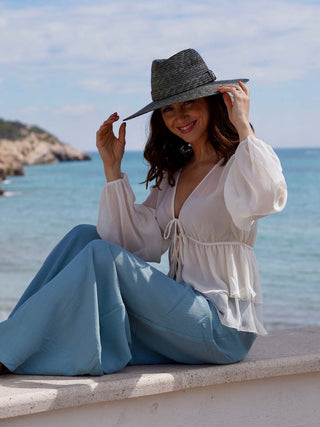 Sombrero Paja Natural Ala Media CALYPSO AQUA - ¡Protección solar con elegancia! - Ala de 9 cm y copa de 10 cm - Raceu Hats