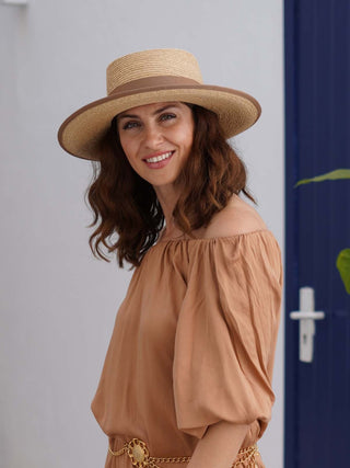 Sombrero Canotier Raffia Fina RODAS - Estilo Mediterráneo y Elegancia Atemporal  - Ala de 9 cm y copa de 9 cm - Raceu Hats