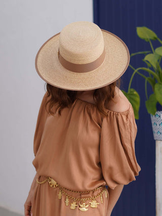 Sombrero Canotier Raffia Fina RODAS - Estilo Mediterráneo y Elegancia Atemporal  - Ala de 9 cm y copa de 9 cm - Raceu Hats