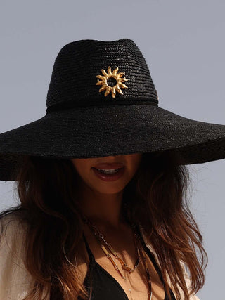 Sombrero de Novia Ala Extra Ancha Negro HELIOS - Estilo Mediterráneo - Ala de 19 cm y copa de 11 cm - Raceu Hats