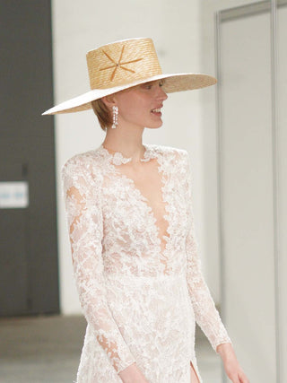 Sombrero de Novia Canotier Color Natural - paja de trigo 100% natural - Ala de 15 cm y copa de 10,5 cm - Raceu Hats