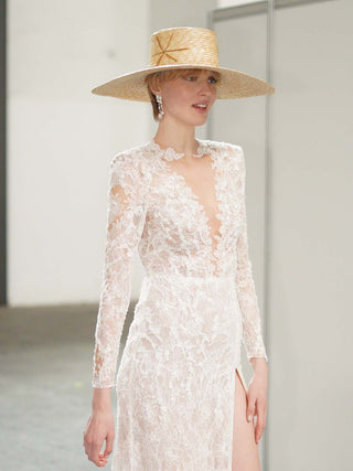 Sombrero de Novia Canotier Color Natural - paja de trigo 100% natural - Ala de 15 cm y copa de 10,5 cm - Raceu Hats