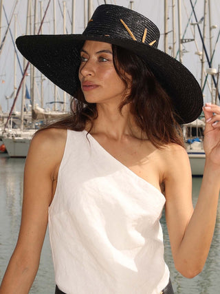 Sombrero Canotier Negro Ala Ancha - Estilo Mediterráneo y Elegancia Atemporal  - Ala de 15 cm y copa de 10,5 cm - Raceu Hats