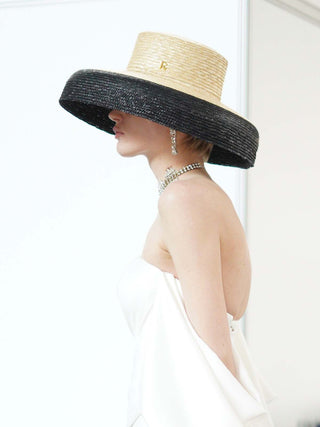Sombrero Boda Trenzado en Paja de Trigo con Elegante Ala Ancha Bicolor - Ala de 20 cm y copa de 10 cm - Raceu Hats