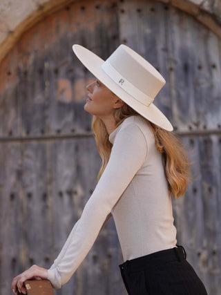 Sombrero Canotier Fieltro Lana Blanco - Artesanía Hecha en España, Fieltro de Lana Premium - Ala de 11,5 cm y copa de 10 cm - Ra