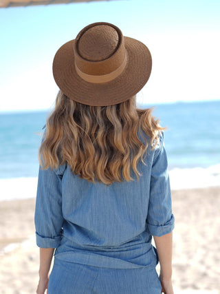 Sombrero Mujer Paja de Papel Marrón - Estilo Mediterráneo y Elegancia Atemporal  - Ala de 9 cm y copa de 9 cm - Raceu Hats