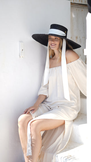 Sombrero canotier paja trigo natural negro elegante verano