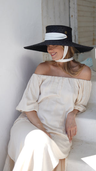 Sombrero Canotier Negro AGATHA | Paja Natural Ala Ancha - Raceu Hats