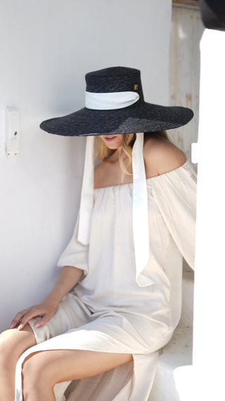 Sombrero Canotier Negro AGATHA | Paja Natural Ala Ancha - Raceu Hats