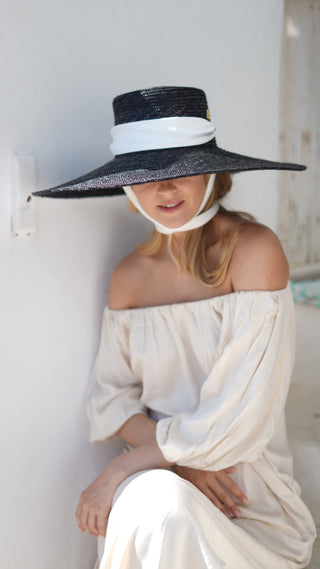 Sombrero Canotier Negro AGATHA | Paja Natural Ala Ancha - Raceu Hats