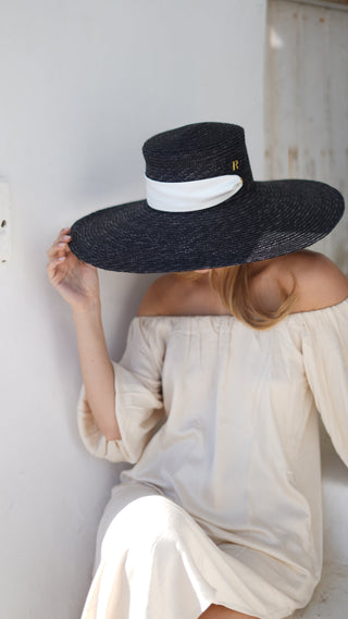 Sombrero Canotier Negro AGATHA | Paja Natural Ala Ancha - Raceu Hats