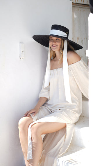 Sombrero Canotier Negro AGATHA | Paja Natural Ala Ancha - Raceu Hats