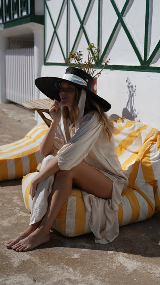 Sombrero Canotier Negro AGATHA | Paja Natural Ala Ancha - Raceu Hats