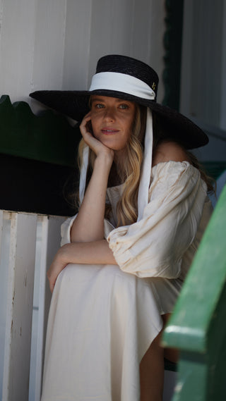 Sombrero Canotier Negro AGATHA | Paja Natural Ala Ancha - Raceu Hats